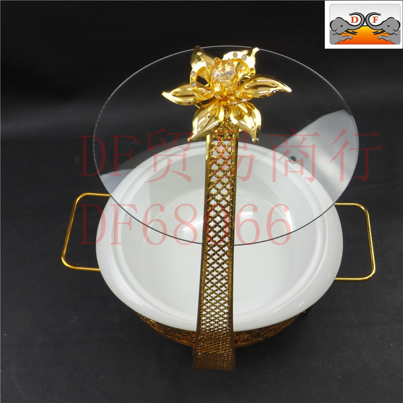 DF68066 round dining stove, golden light luxury hanging lid, gold edge self-service alcohol stove, luxurious lace hot pot food insulation container, DF TRADING HOUS Item Picture
