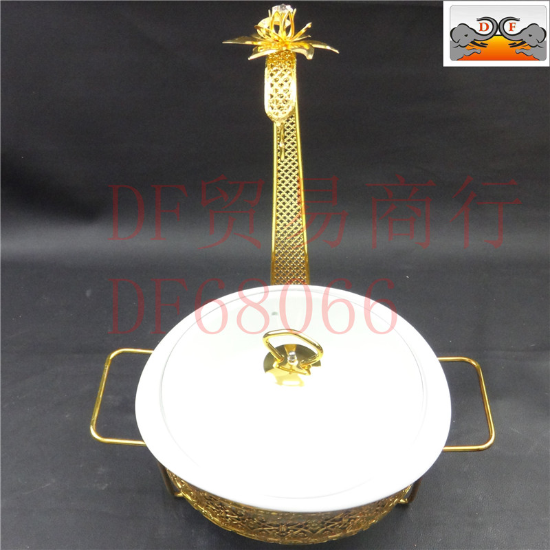 DF68066 round dining stove, golden light luxury hanging lid, gold edge self-service alcohol stove, luxurious lace hot pot food insulation container, DF TRADING HOUS details Picture
