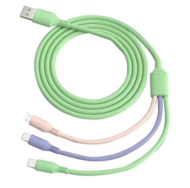 One drag three popular macaron-colored mobile phone charging cable, one-meter three-in-one multi-functional, suitable for fast charging of various models of mobile phones such as Apple, VIVO, OPP and Huawei in home cars