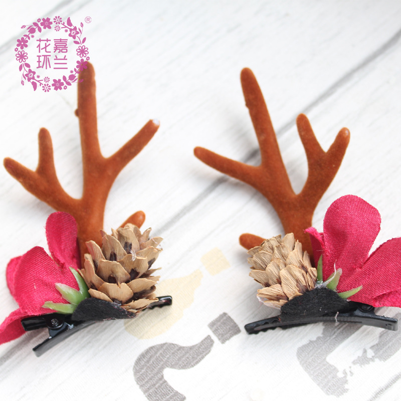 Jia LAN Hua Huan Factory directly supplies cute plush antler pinecone hair clips from Japan and South Korea, Christmas reindeer red small lily hair bands, forest-style fresh and delicate side clips Specification image