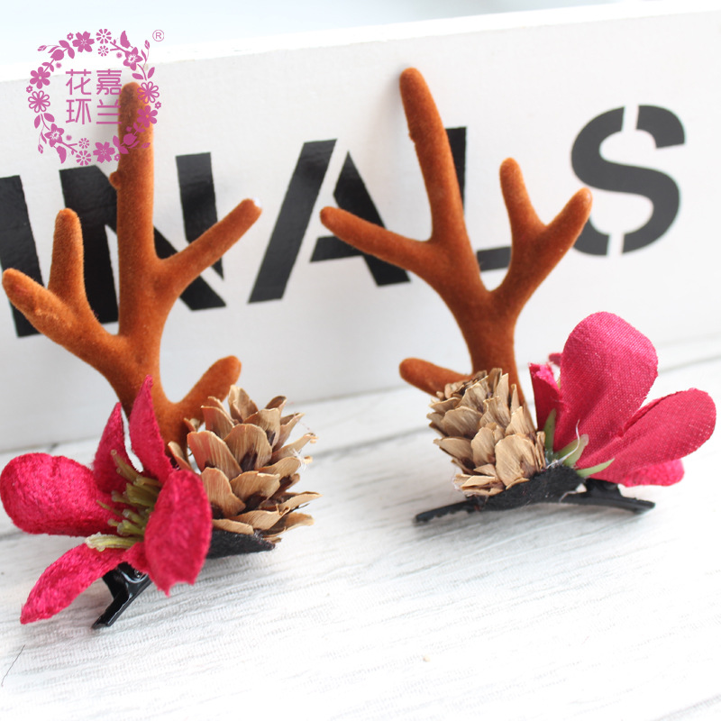 Jia LAN Hua Huan Factory directly supplies cute plush antler pinecone hair clips from Japan and South Korea, Christmas reindeer red small lily hair bands, forest-style fresh and delicate side clips