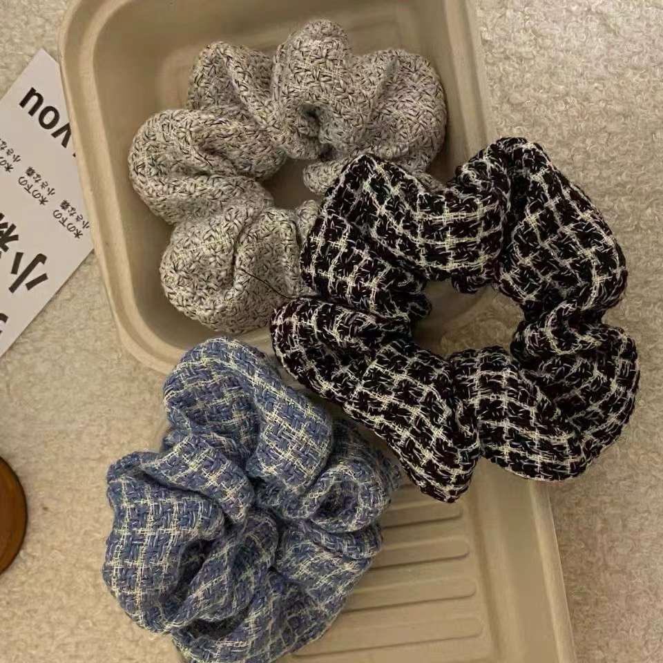 Chanel-style tweed checkered large intestine hair ring, sweet hair ring, autumn and winter hair rope, fashionable hair accessory and headwear