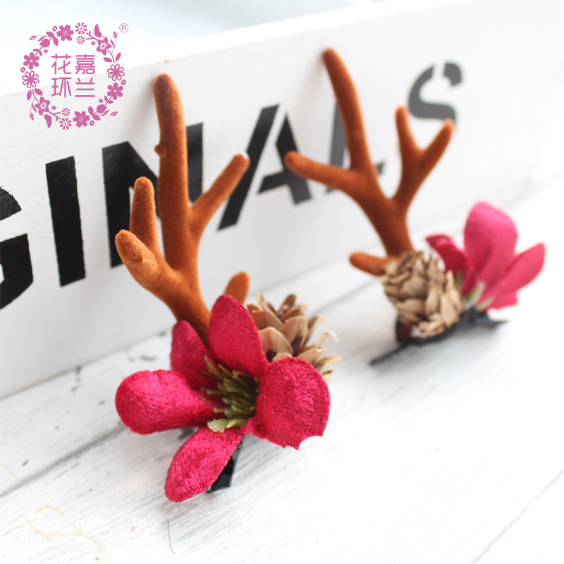 Jia LAN Hua Huan Factory directly supplies cute plush antler pinecone hair clips from Japan and South Korea, Christmas reindeer red small lily hair bands, forest-style fresh and delicate side clips details Picture