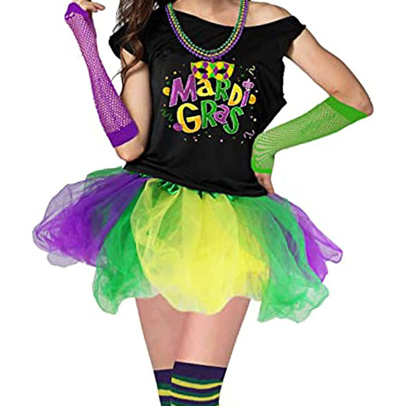Mardi Gras狂欢节黄绿紫三色纱裙羽毛头箍耳环渔网手套丝袜套装详情图3