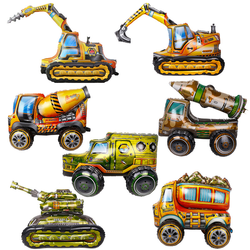 组装交通工具泥头车搅拌车坦克钻土车汽车造型铝膜气球场景布置