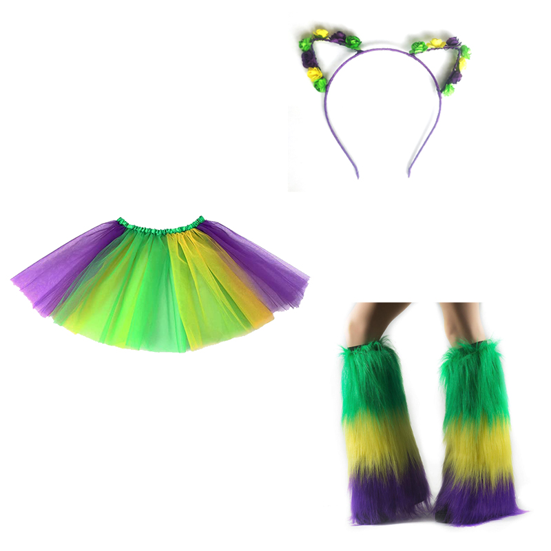 Mardi Gras狂欢节黄绿紫三色长毛绒腿套纱裙花朵羽毛猫耳头箍套装图