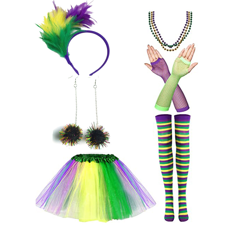 Mardi Gras狂欢节黄绿紫三色纱裙羽毛头箍耳环渔网手套丝袜套装图