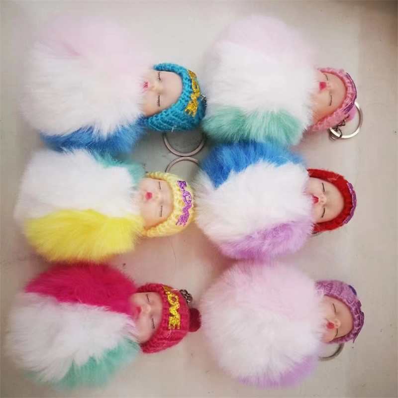2022娃娃车钥匙挂件可爱毛绒狐狸毛球睡眠娃娃包包挂件钥匙配饰包包挂饰