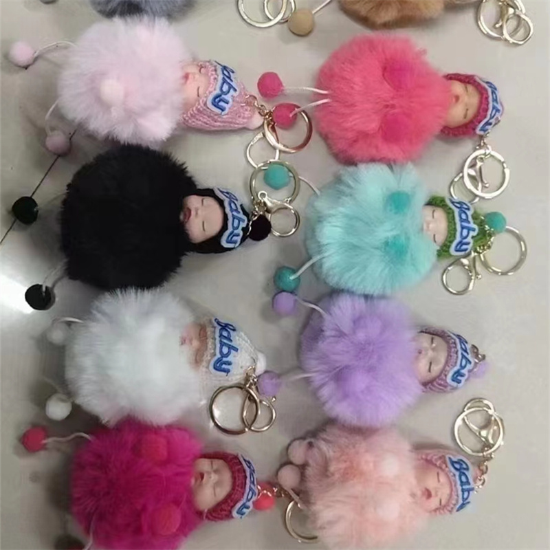 娃娃车钥匙挂件可爱毛绒狐狸毛球睡眠娃娃包包挂件钥匙配饰包包挂饰