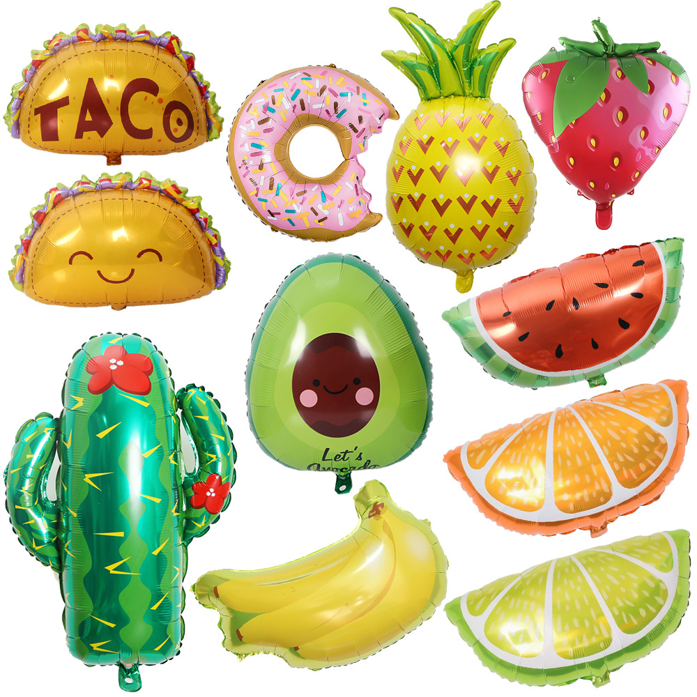 Carnival party decoration: Fruit balloons, cactus, pineapple, watermelon, avocado, strawberry, aluminum film balloons