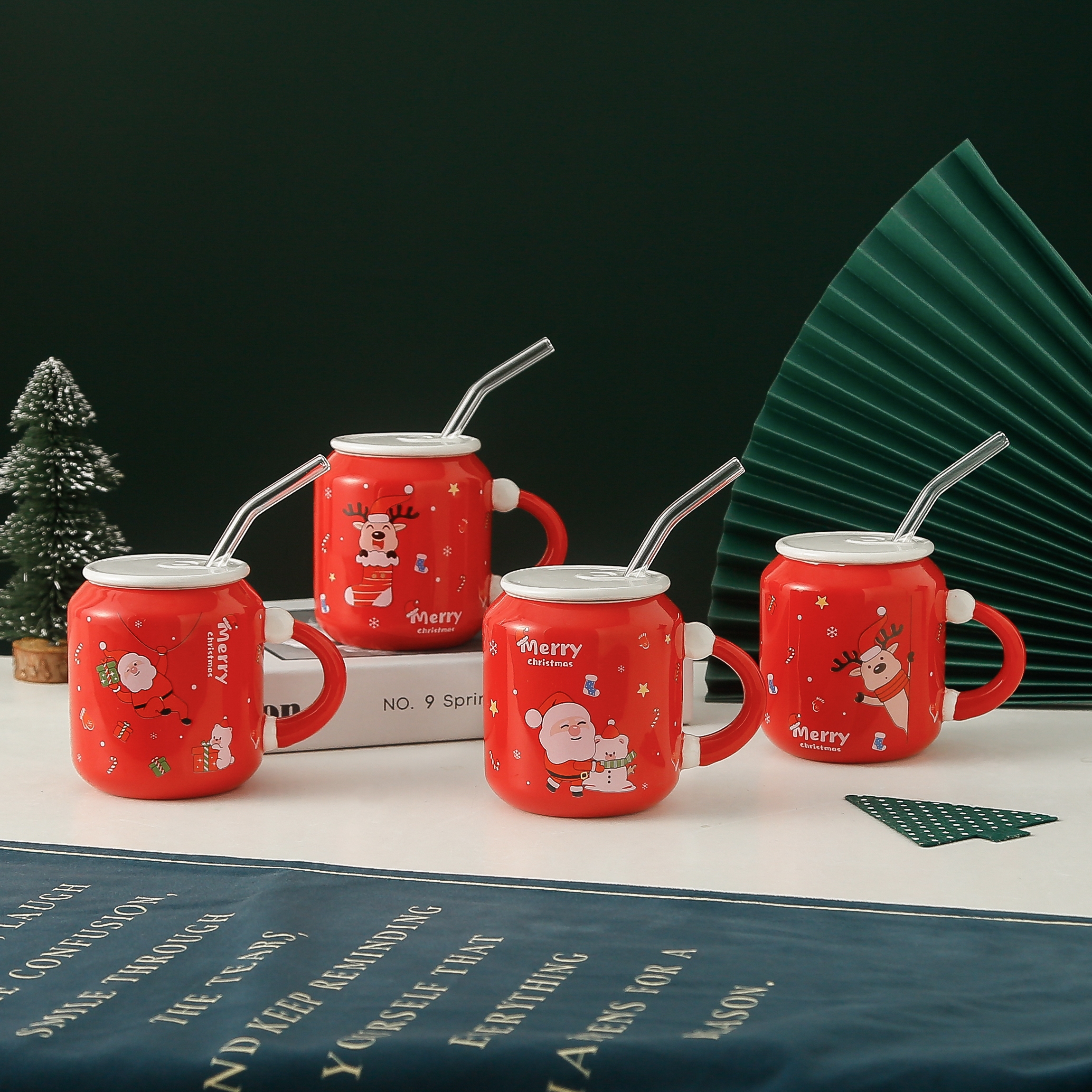 圣诞杯子带盖马克杯女生陶瓷水杯家用带吸管咖啡杯圣诞节礼品杯卓洽0136