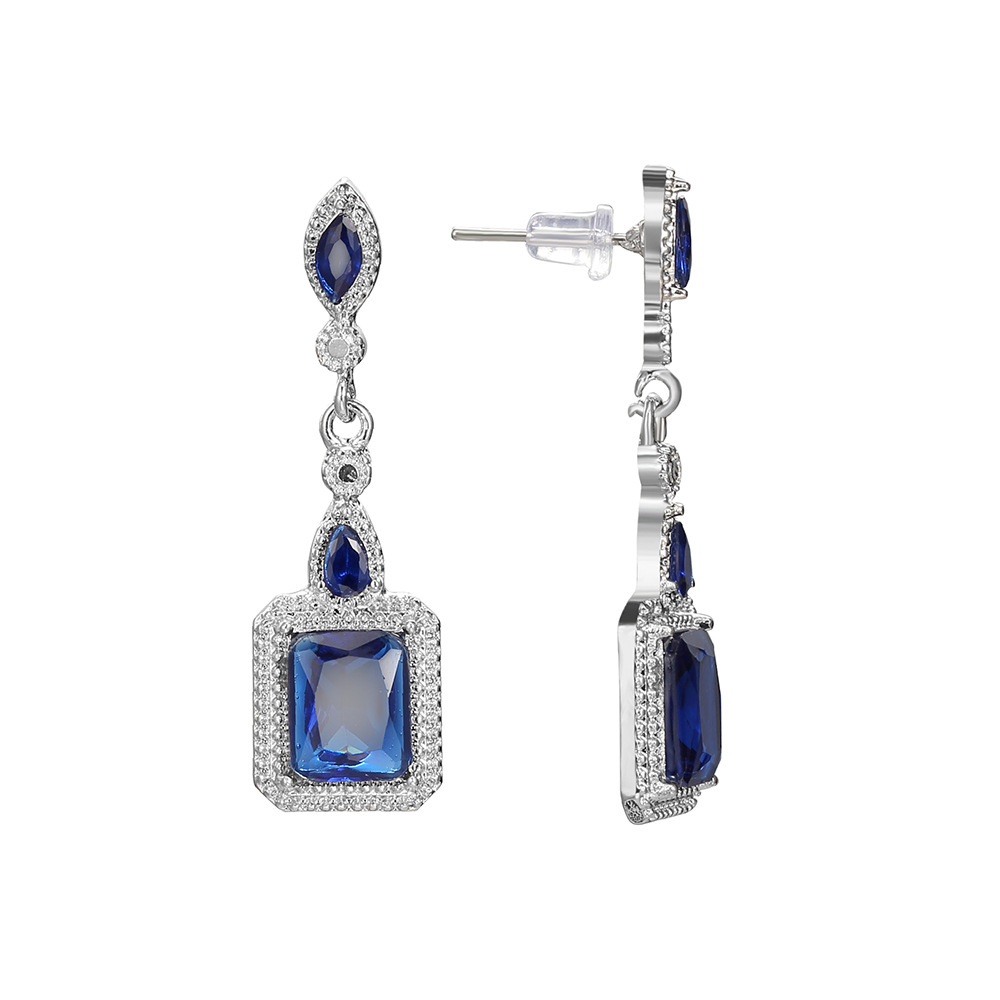 Cross-border best-selling new earrings, popular European and American earrings, zircon jewelry, sapphire blue long stud earrings for women detail image 5