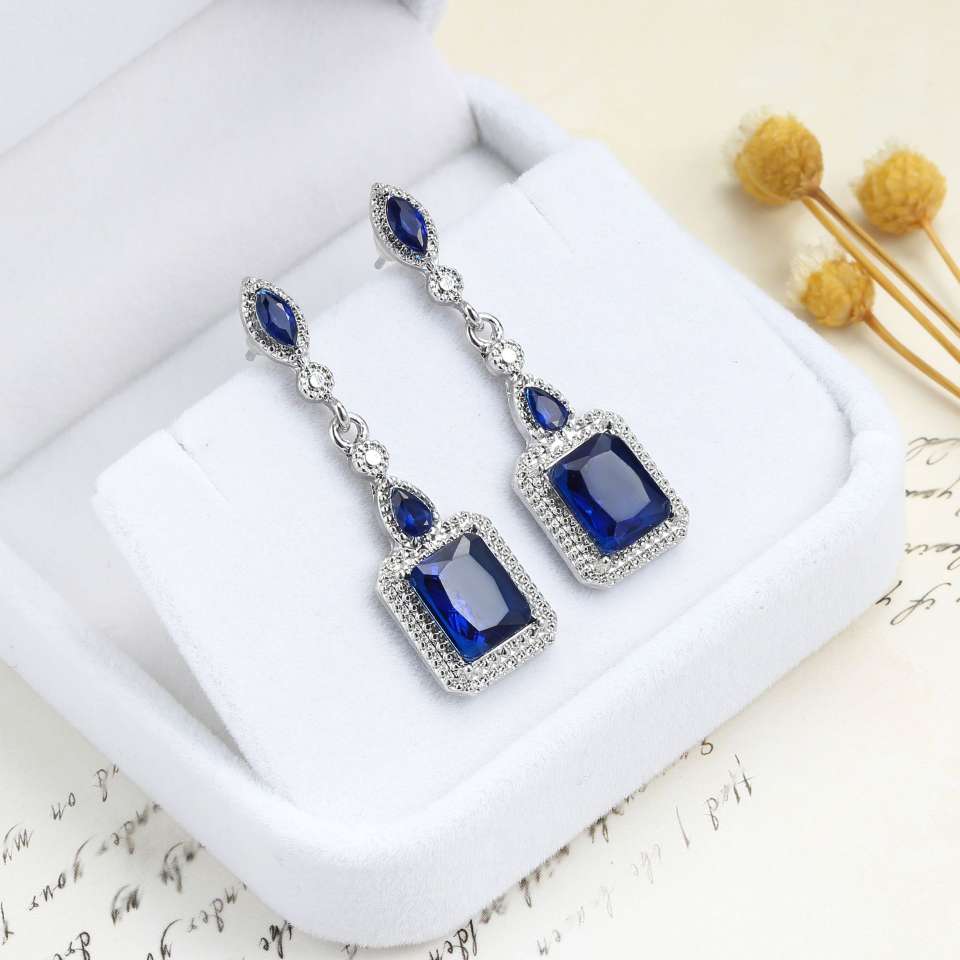 Cross-border best-selling new earrings, popular European and American earrings, zircon jewelry, sapphire blue long stud earrings for women detail image 6