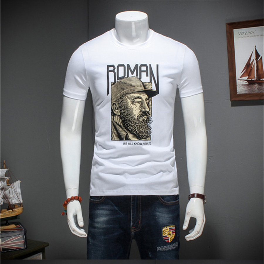 2022 Short-sleeved T-shirt for young men, pure cotton letter printed T-shirt, cartoon figure-hugging round neck, trendy half-sleeved student Specification image
