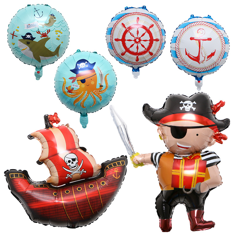 亚马逊海盗船鲨鱼铝膜气球 海盗生日派对装饰布置铝箔气球批发