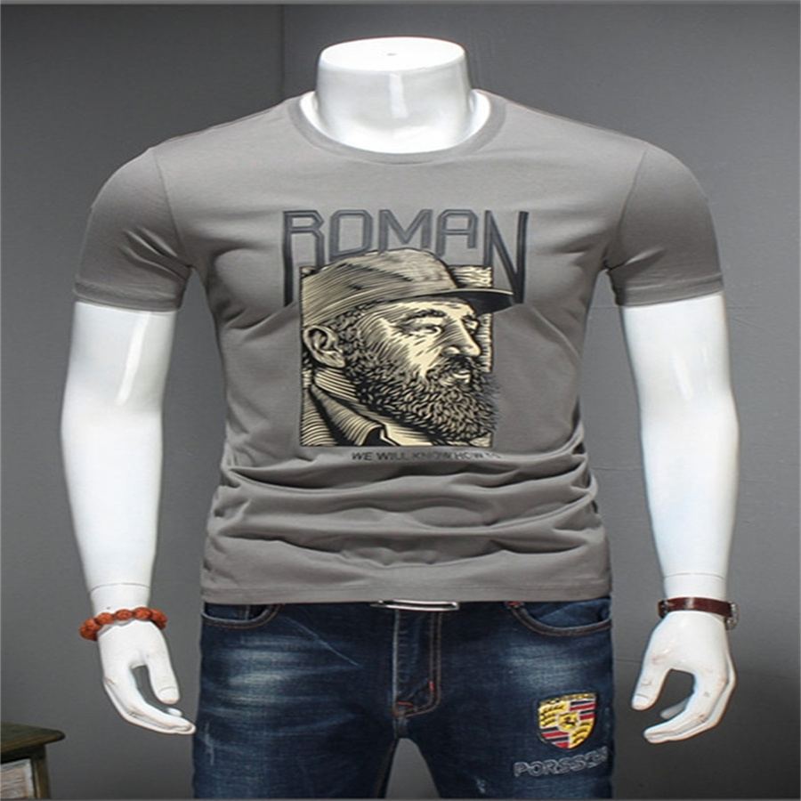 2022 Short-sleeved T-shirt for young men, pure cotton letter printed T-shirt, cartoon figure-hugging round neck, trendy half-sleeved student