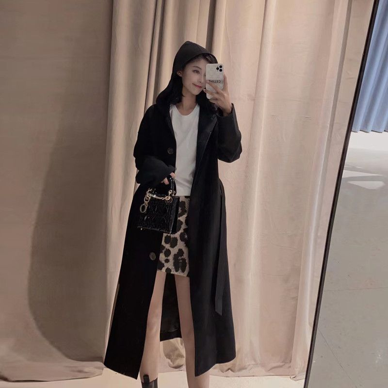 女装2022年春秋新款连帽系带羊毛绒大衣外套