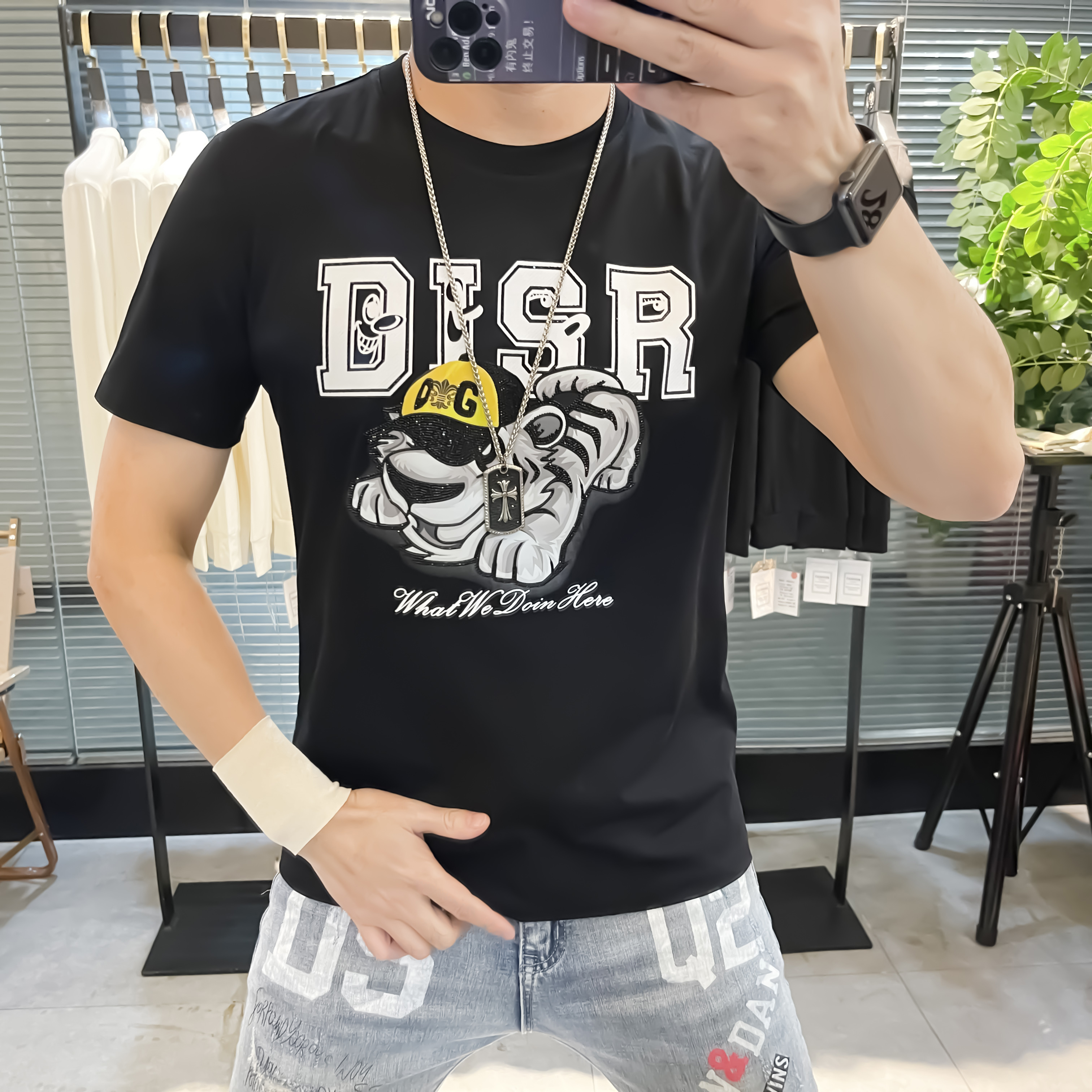 2022 Autumn and winter fashion trend diamond-encrusted half-sleeved T-shirt, short-sleeved round-neck T-shirt, long-sleeved shirt base T-shirt, men's long-sleeved European station 2022 Summer new fitted short-sleeved T-shirt, men's casual cartoon printed top summer Specification image