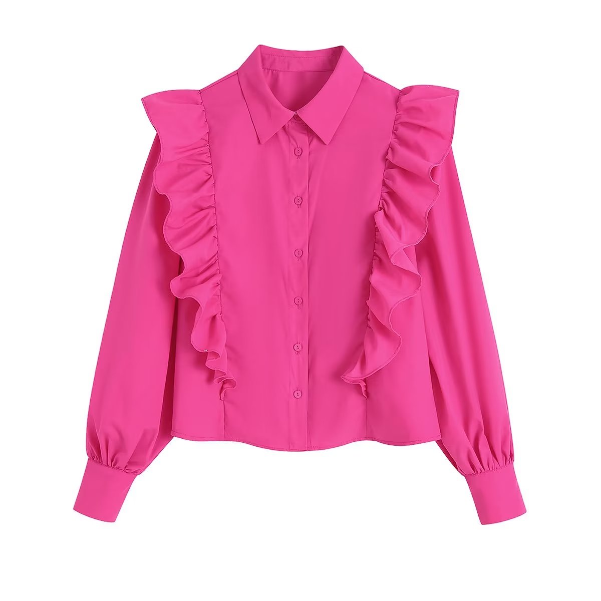 1988女装新款23年初春欧美风纯色荷叶边翻领单排扣减龄衬衫女衬衣2