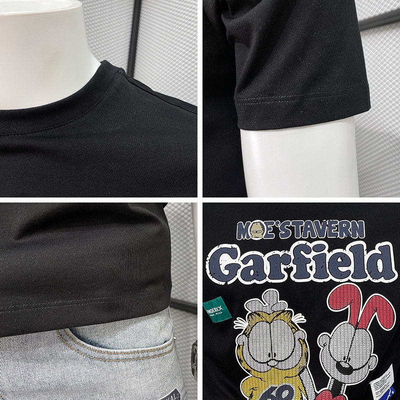 High-end light luxury short-sleeved men's T-shirt 2022 summer pure cotton cartoon printed half-sleeved trendy brand slimming European top details Picture