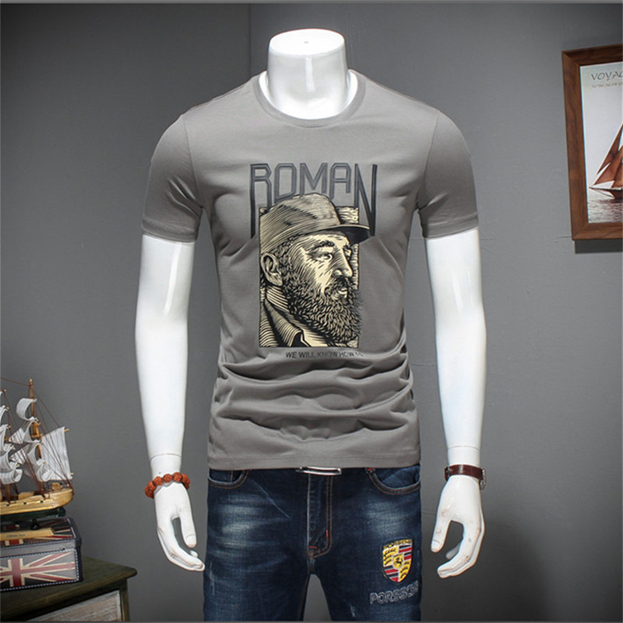 2022 Short-sleeved T-shirt for young men, pure cotton letter printed T-shirt, cartoon figure-hugging round neck, trendy half-sleeved student Item Picture