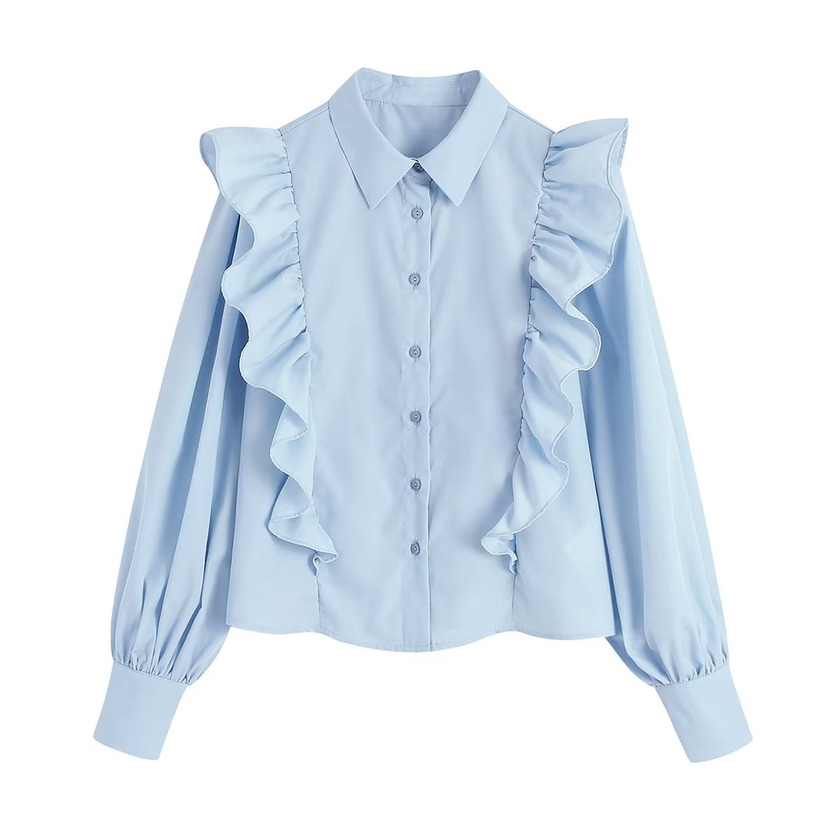 1988女装新款23年初春欧美风纯色荷叶边翻领单排扣减龄衬衫女衬衣1