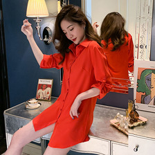 衬衫女士中长款大码女装长袖性感睡衣红色洋气打底衫冰雪纺衬衣裙1