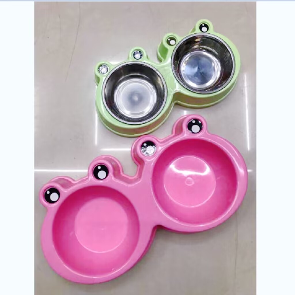 宠物食具 猫碗狗盆 卡通青蛙二合一双碗 防滑不锈钢喂食器一碗两用 大号