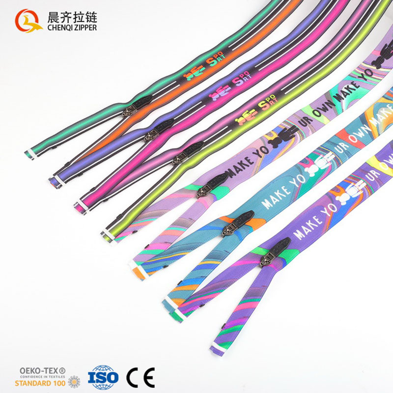Custom-made zippers for 7# nylon reverse pull color printed fashion brand clothing accessories
