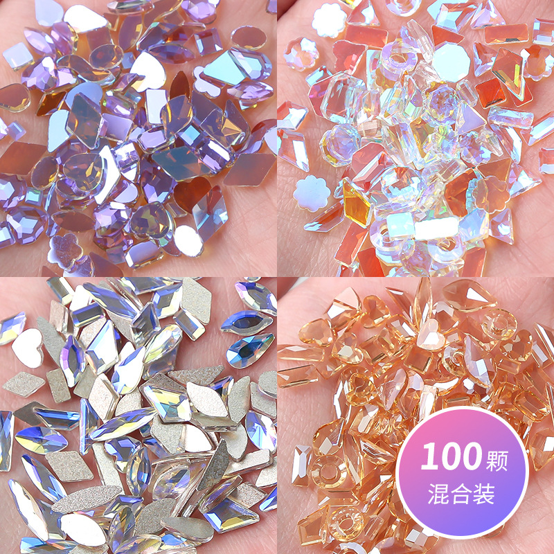 美甲水钻混装批发100颗异形钻玻璃幻彩平底金底AB白钻异形贴钻