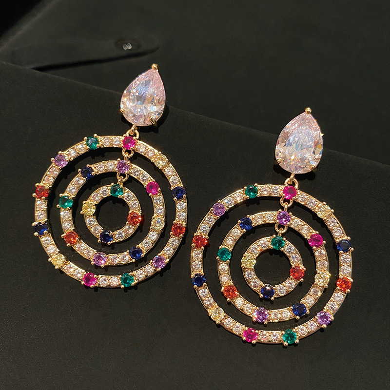 Exaggerated and personalized colored zircon ring pendant earrings, high-end full diamond circle earrings, silver needle exaggerated large version