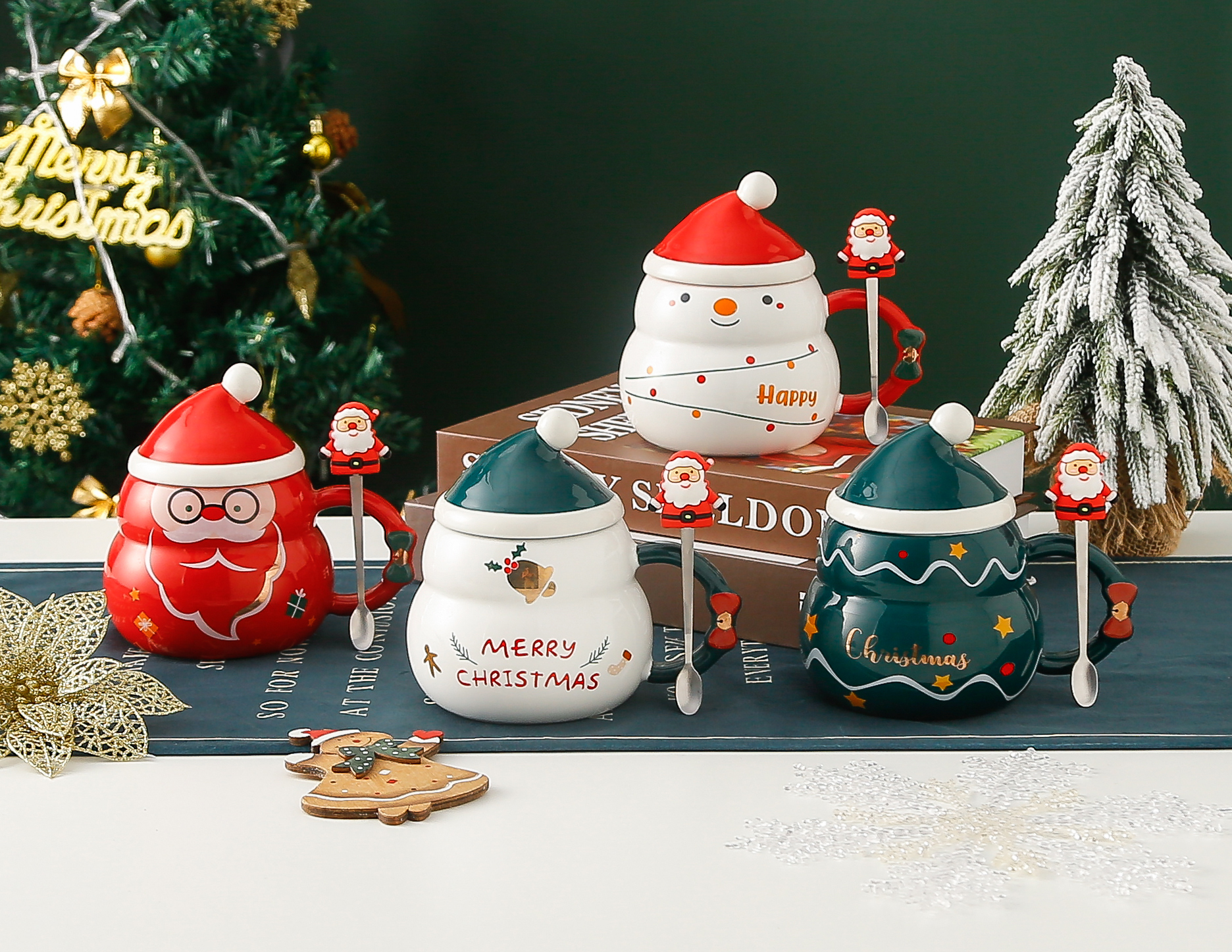 Creative mugs, Christmas gifts, Santa Claus ceramic water cups, covered spoons, breakfast cups, factory direct supply, Zhuoqia 0140 Specification image