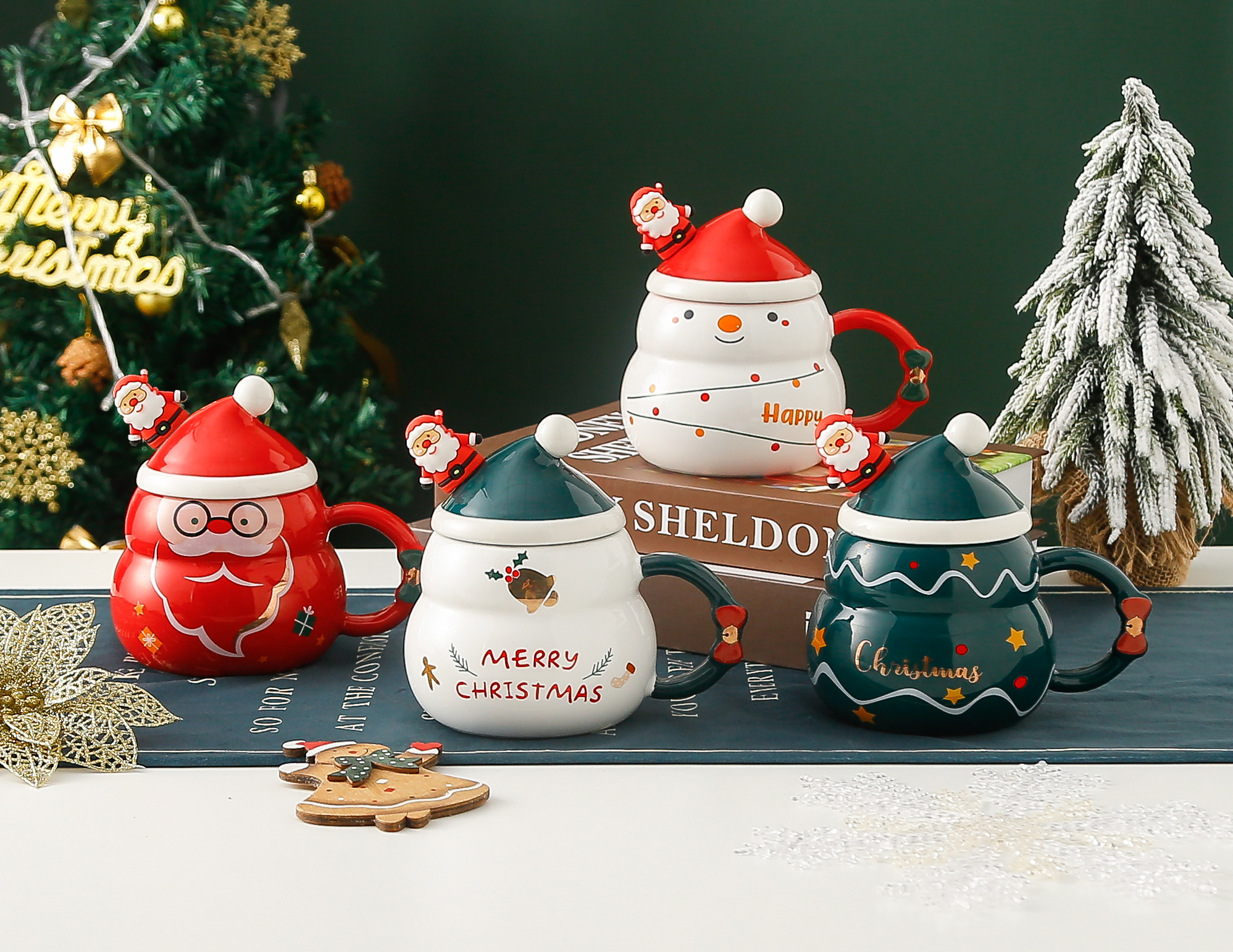Cross-border Instagram Christmas ceramic water cup, creative covered spoon, large-capacity mug, high appearance level Christmas gift, Zhuoqia 0139