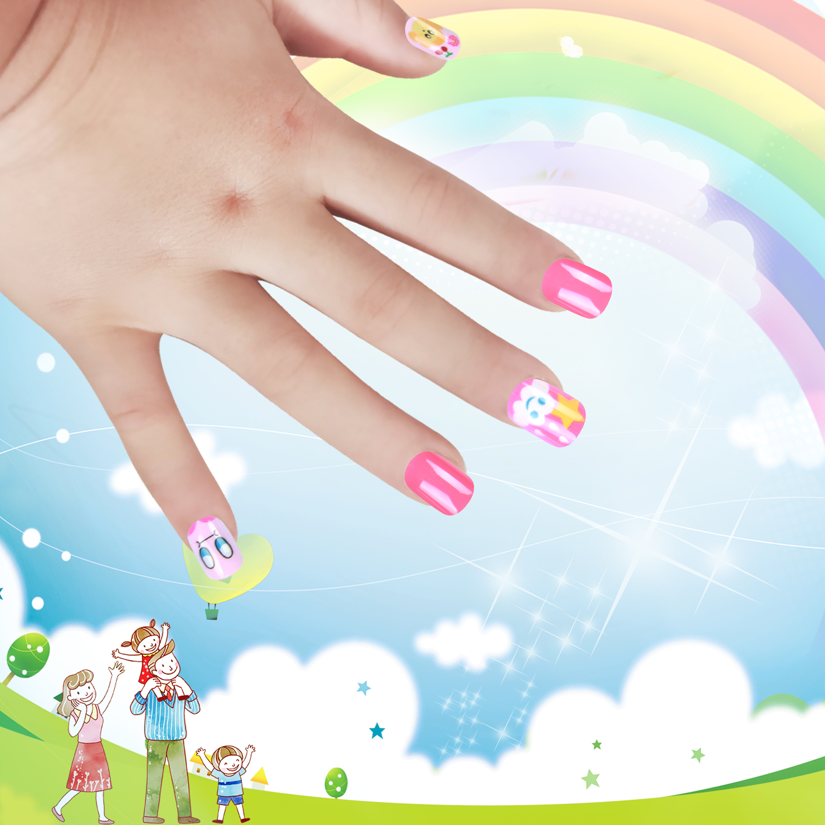 24 pieces of JOYME self-adhesive children's nails, cute pink wearable nails, safe and environmentally friendly, imported from Japan, self-adhesive nail art