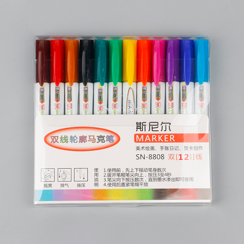 12-color double-line contour pen color-marked marker pen set, multi-color fluorescent internet-famous planner markers