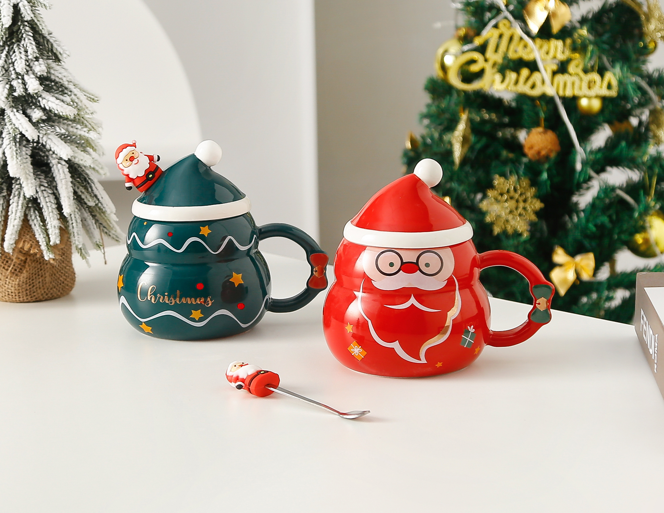 Cross-border Instagram Christmas ceramic water cup, creative covered spoon, large-capacity mug, high appearance level Christmas gift, Zhuoqia 0139 details Picture