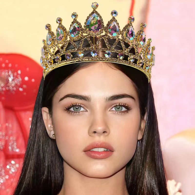 跨境外贸饰品彩色发饰闪亮奢华裸钻锆石皇冠欧美新娘高档水滴皇冠图