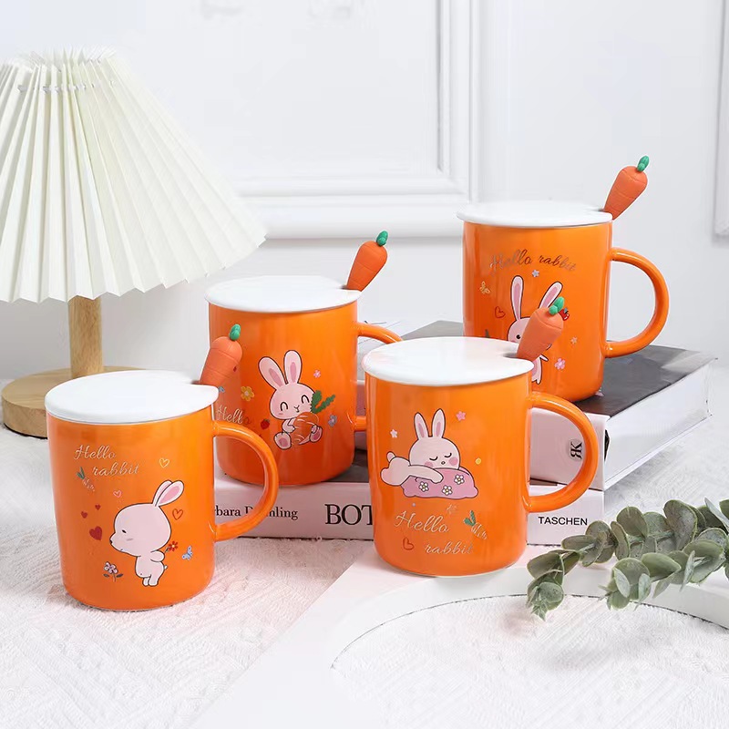 创意卡通ins风可爱兔子胡萝卜硅胶勺子马克杯咖啡杯水杯奶茶杯伴收礼品陶瓷杯