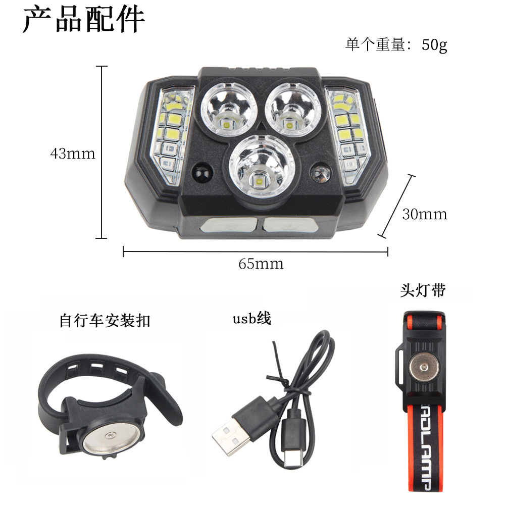 New cross-border LED headlight, USB outdoor sensor dual-purpose headlight, night fishing, cycling and running light, strong bald head wearing light detail image 17