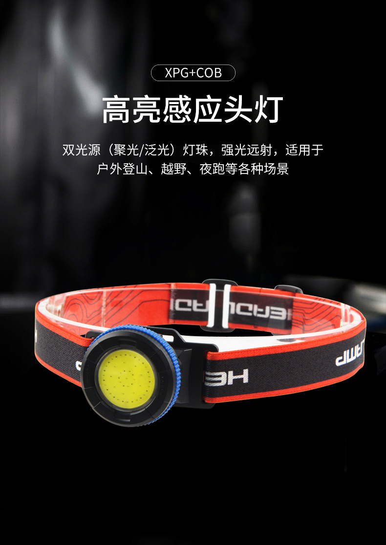 New cross-border LED headlight, USB outdoor sensor dual-purpose headlight, night fishing, cycling and running light, strong bald head wearing light detail image 7