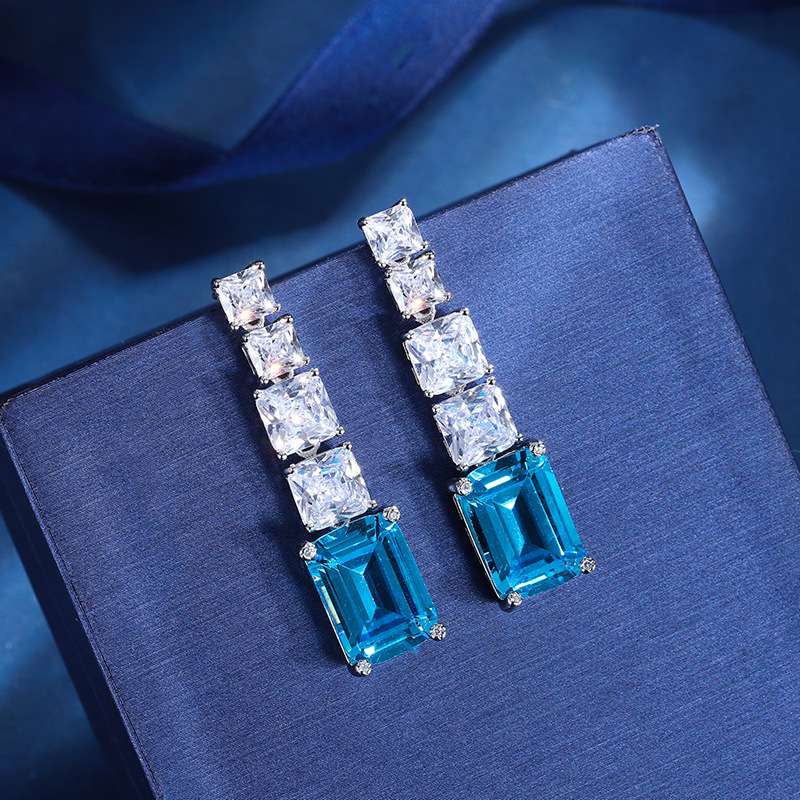 Copper base gold-plated European and American fashion retro colored gemstone style faux aquamarine yellow diamond large earrings main stone 10*16 detail image 7