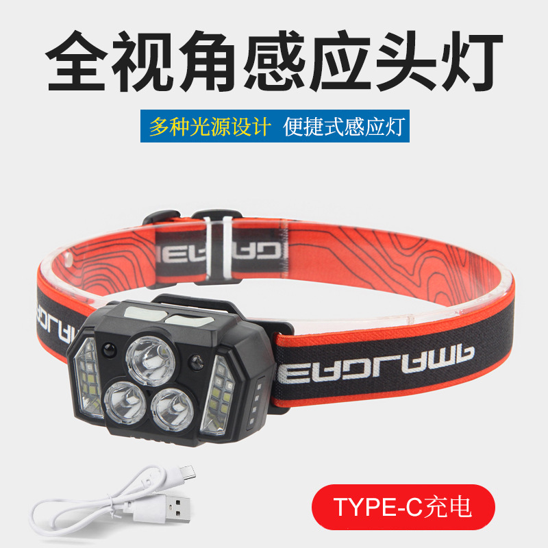 New cross-border LED headlight, USB outdoor sensor dual-purpose headlight, night fishing, cycling and running light, strong bald head wearing light detail image 3