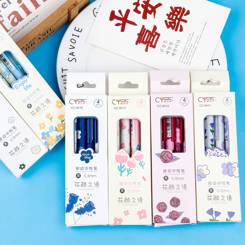 Flower Language Press Box High Appearance Level student Gel Pen 0.5mm black Press Primary School student gift Distribution pen details Picture