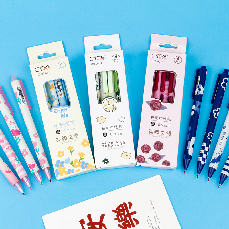 Flower Language Press Box High Appearance Level student Gel Pen 0.5mm black Press Primary School student gift Distribution pen Item Picture