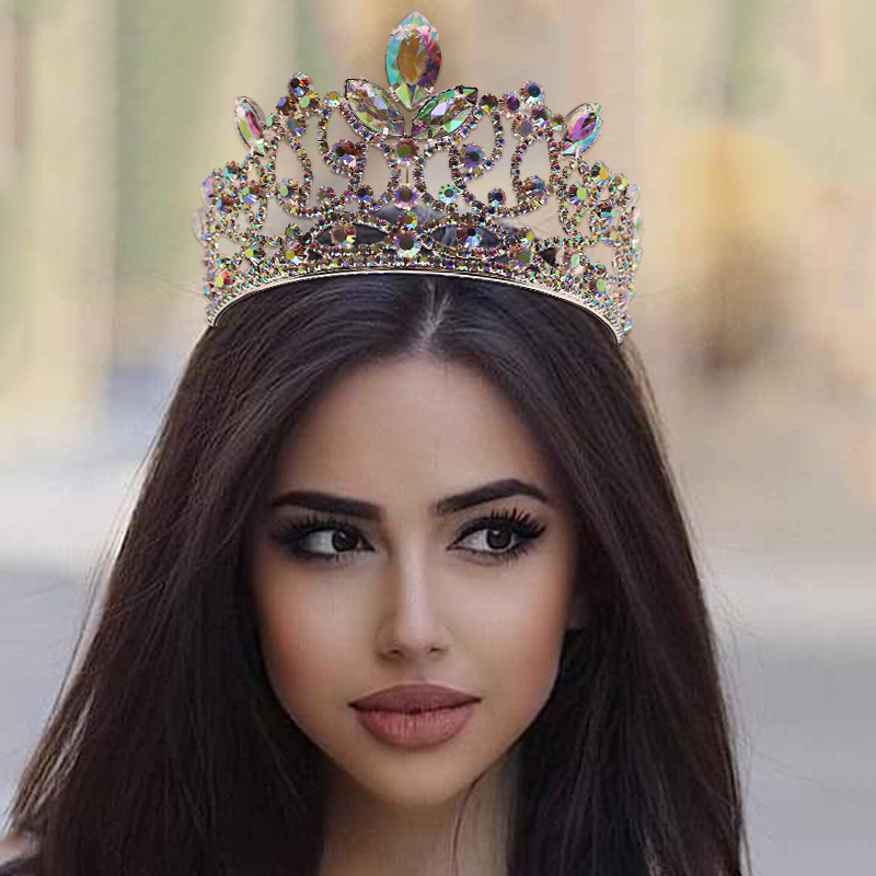 欧美彩色水晶锆石皇冠公主生日巴洛克合金王冠新娘结婚庆配饰批发