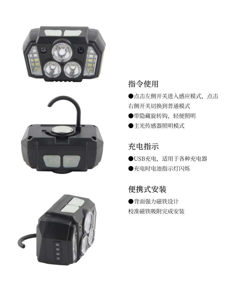 New cross-border LED headlight, USB outdoor sensor dual-purpose headlight, night fishing, cycling and running light, strong bald head wearing light detail image 15