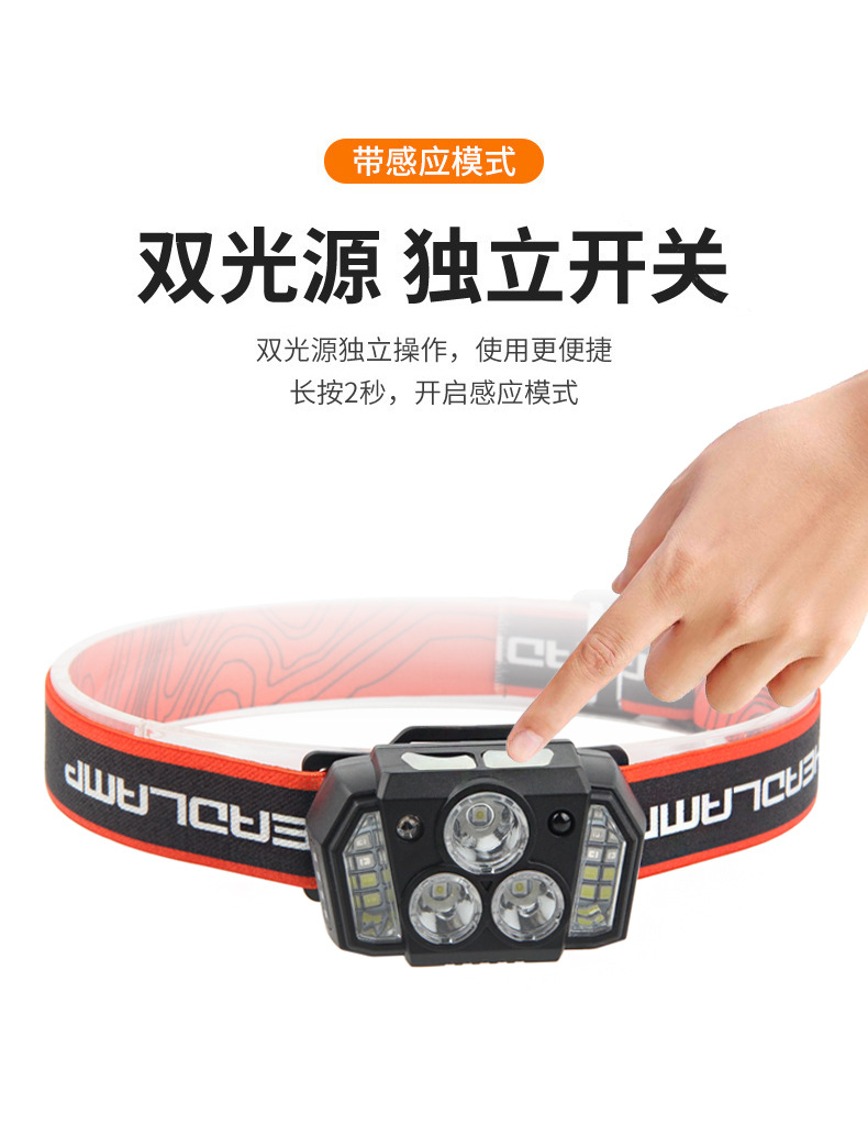 New cross-border LED headlight, USB outdoor sensor dual-purpose headlight, night fishing, cycling and running light, strong bald head wearing light detail image 14