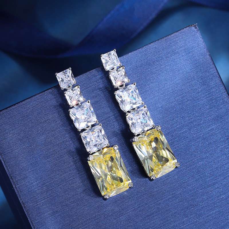 Copper base gold-plated European and American fashion retro colored gemstone style faux aquamarine yellow diamond large earrings main stone 10*16 Specification image