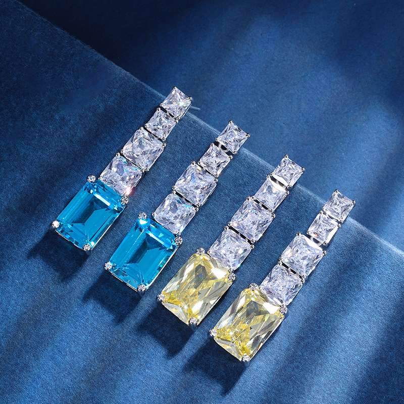 Copper base gold-plated European and American fashion retro colored gemstone style faux aquamarine yellow diamond large earrings main stone 10*16