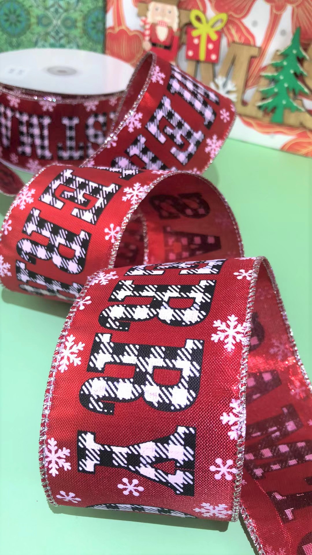 货号：22-012圣诞礼品包装装饰DIY  印刷黑格CHR ISTMAS圣诞织带6.3cm